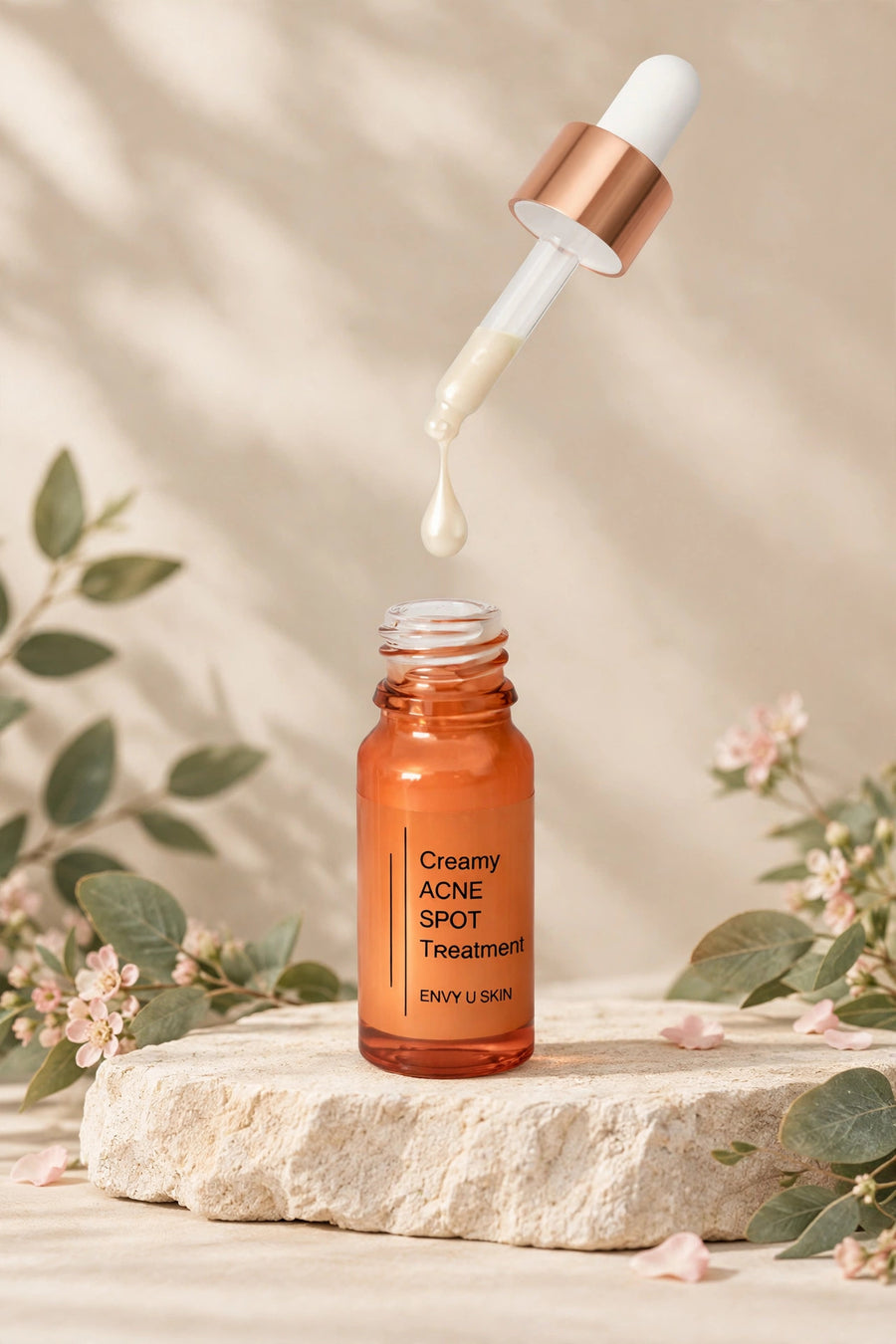 Creamy Acne Spot Treatment bottle on a stone slab with leaves and blossoms