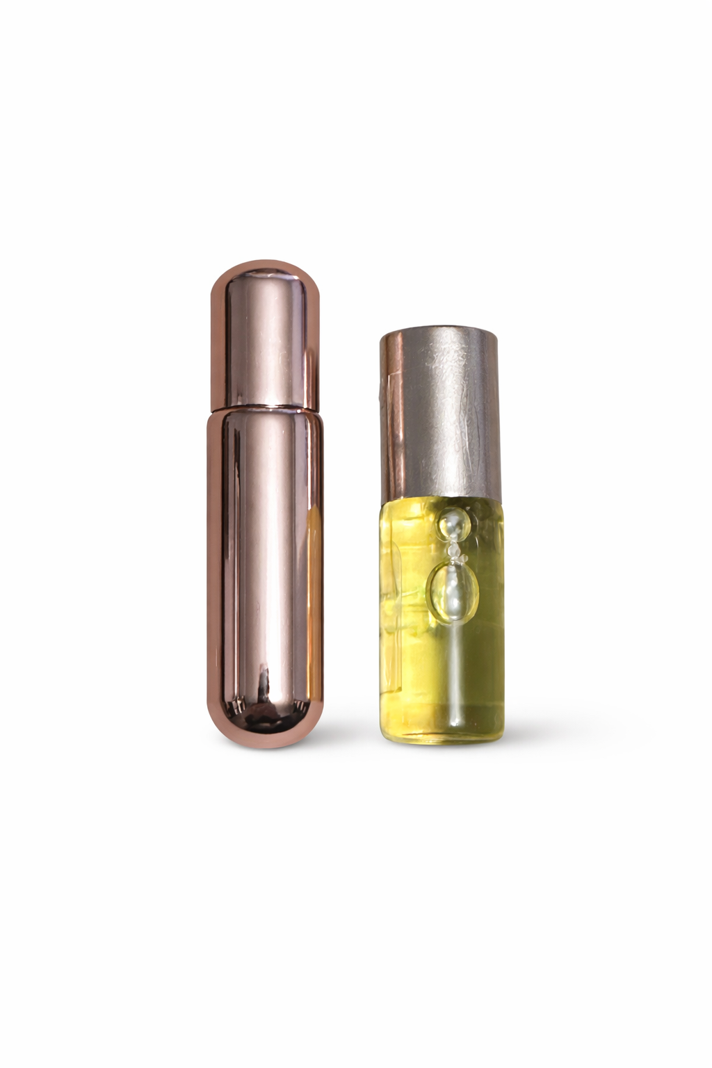 Two small cylindrical containers, one bronze and one silver with a yellowish liquid, on a white background.